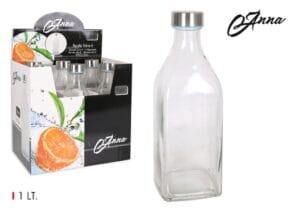 GARRAFA QUAD. VIDRO C/ TAMPA INOX 1 LT